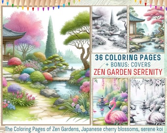 Zen Garden Grayscale Coloring Book Pages | Japanese Cherry Blossoms, Koi Ponds, Pink Flamingos, Birds of Paradise | Download Printable PDF