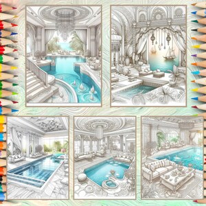 Set Dream Pool in a Luxury Interior Coloring Page Book | Grayscale ...