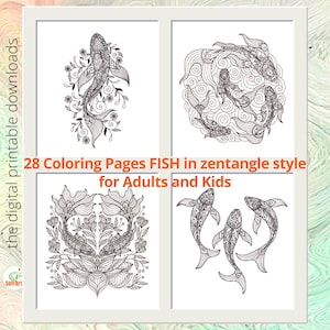 May include: Four black and white coloring pages featuring fish in a zentangle style. The text "28 Coloring Pages FISH in zentangle style for Adults and Kids" is at the bottom of the image.