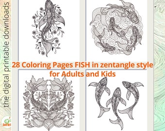 Coloring Book Pages for Adults and Kids | Zen tangle Fish Koi Carp | 28 designs | Printable PDF file A4 and 8.5″ x 11″ | Digital Download |