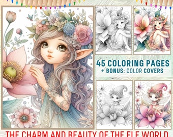 Fairy Elves Coloring Book Pages | Fantasy Elf and Flowers Coloring for Adults and Kids | Grayscale Printable PDF | Stress Relief and Relax