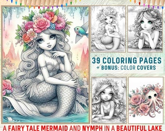 May include: A digital download coloring book featuring 39 grayscale coloring pages of mermaids and nymphs in a lake setting. The cover features a mermaid with a flower crown and a fish swimming above her. The text "39 Coloring Pages + Bonus: Color Covers" is at the top of the image. The text "A Fairy Tale Mermaid and Nymph in a Beautiful Lake" is at the bottom of the image. The text "Digital Downloads PDF, Grayscale, For Adults and Kids" is at the bottom of the image.