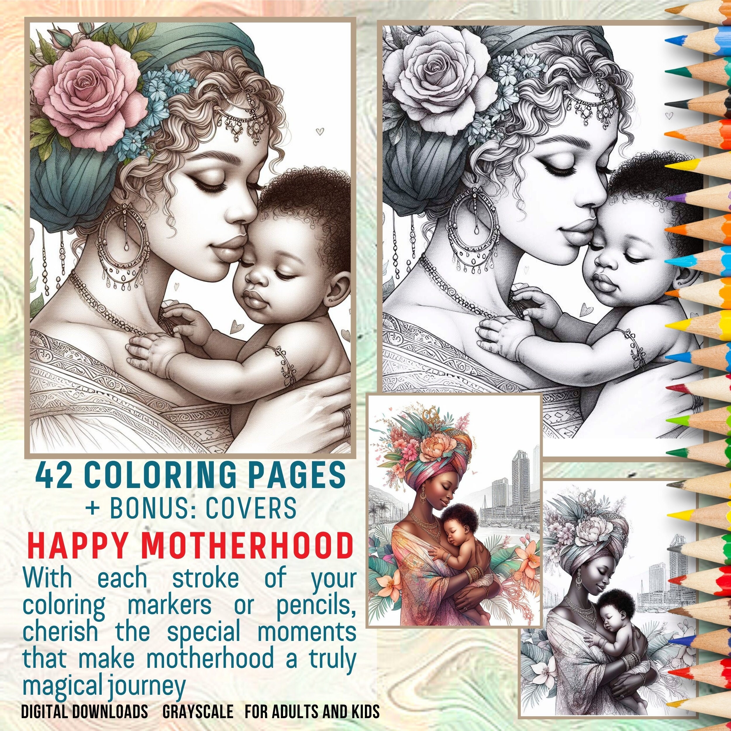 Coloring Book Motherhood | Grayscale Coloring Pages with Mothers and Cute Babies and Child | Gift for Mother's Day | Printable PDF Downloads