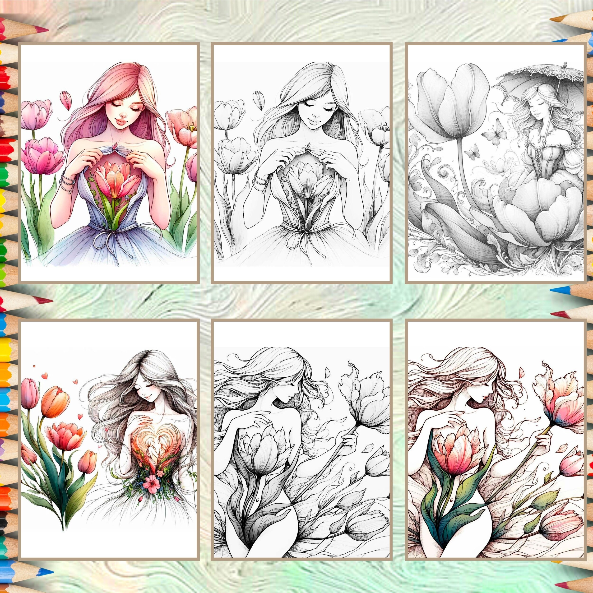 Tulip Coloring Book Pages, Fantasy Coloring, Floral Coloring for Adults ...