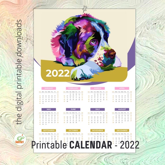 printable art calendar 2022 rainbow dog wall art poster etsy