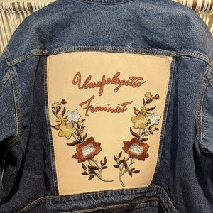 Unapologetic feminist jean jacket denim hand painted floral embroidery Size 3x XXXL vintage retro style