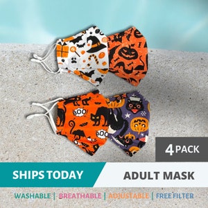 Halloween Face Mask with Filter, Orange Pumpkin Cloth Mask, Trick or Treat Face Mask Reusable Unisex Cat Mask,Adjustable Washable Face Mask