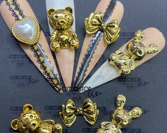 3D Metal Nail Charms: Teddy Bear, Bunny, Heart & Bow