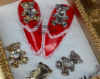 Teddy Bär Nagel Charms: 3D Kristall Herz Schmuck, Gold oder Silber