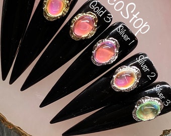2/4 piezas de joyería holográfica ovalada 3D para diseños de uñas, accesorios de artesanía DIY