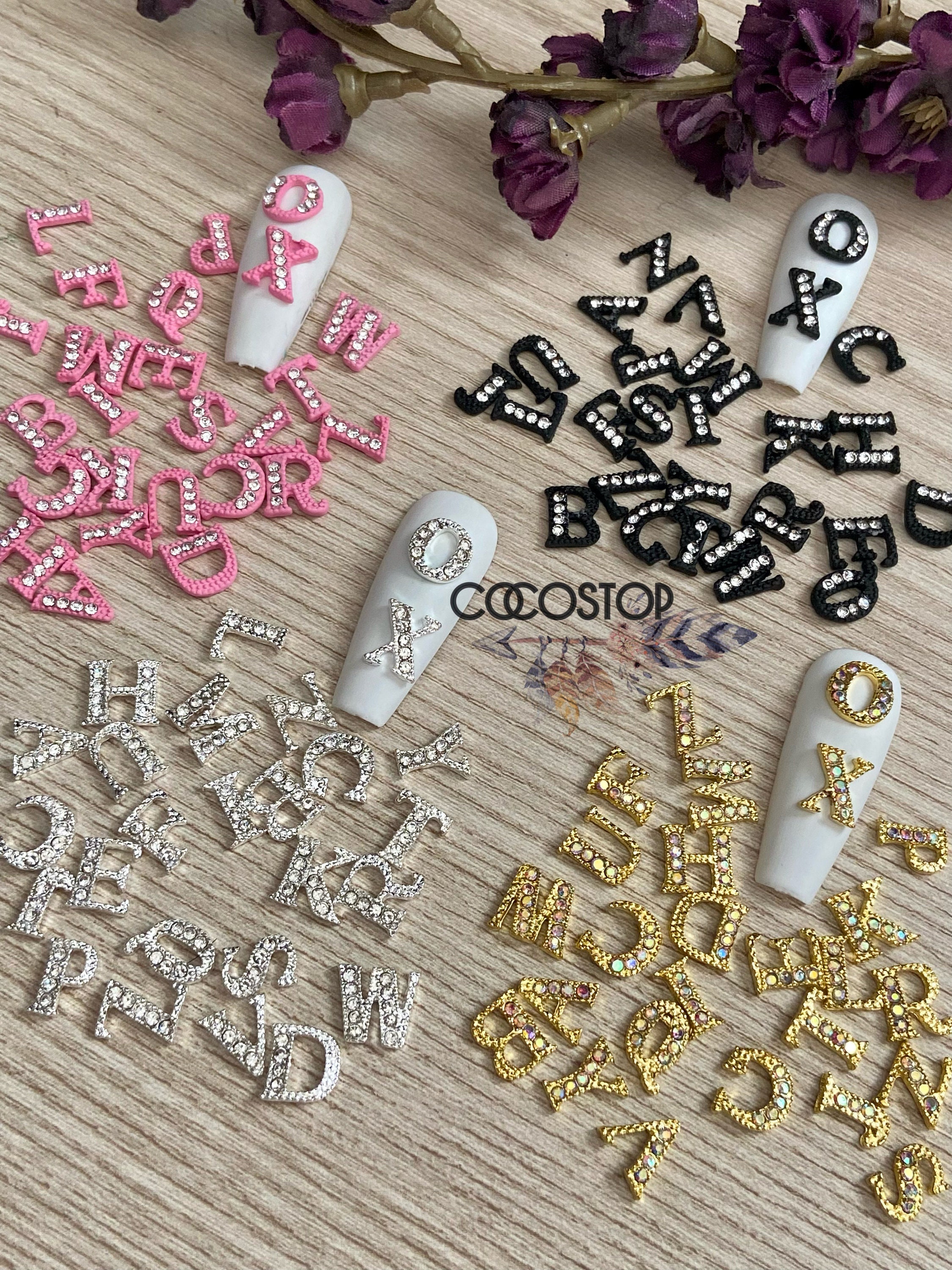 52 Pieces Letters Nail Stud Stickers Alloy Rhinestone Letter Charms 3D  Capital Letters Nail Studs Alphabet