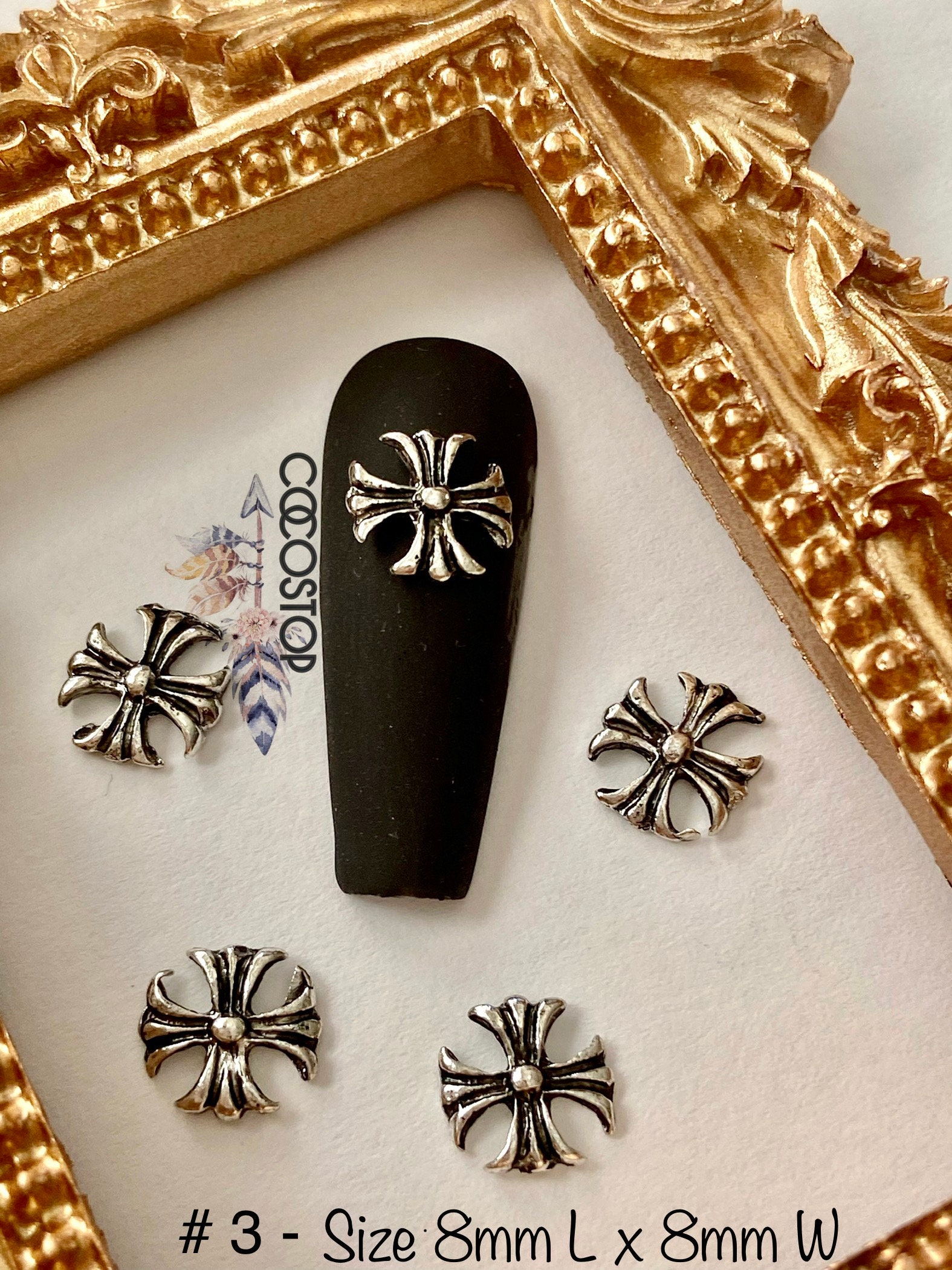 Retro Cross Floral Silver 3D Nail Charms/ Chrome Nail Art and