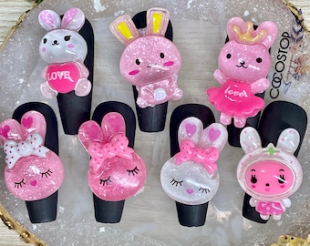 Adornos para uñas 3D de conejo kawaii, decoración de uñas de resina