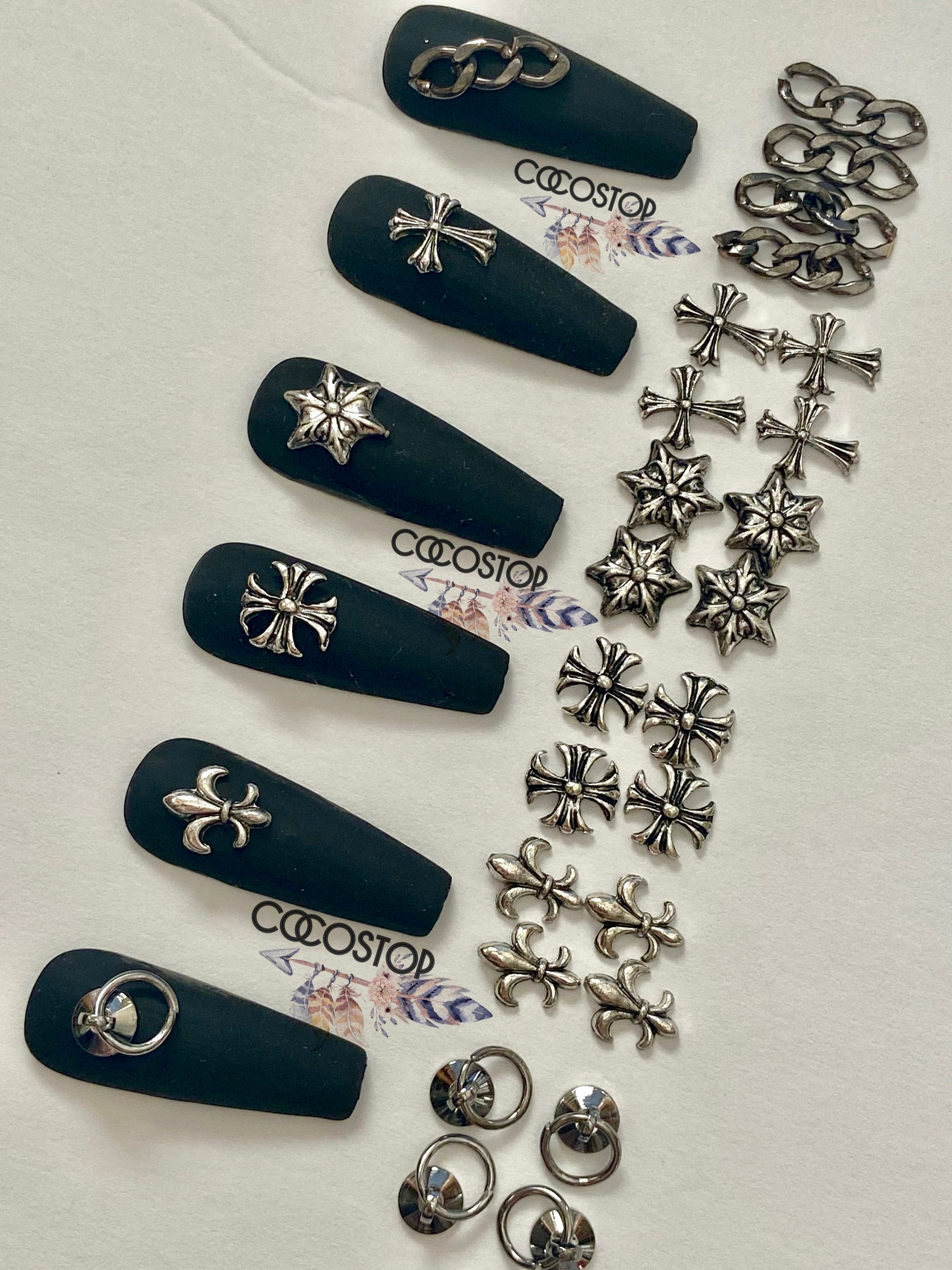 Retro Cross Floral Silver 3D Nail Charms/ Chrome Nail Art and 