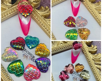 Adornos de resina para uñas con forma de corazón: Escamas de sirena 3D, estilo San Valentín Kawaii (20 unidades)