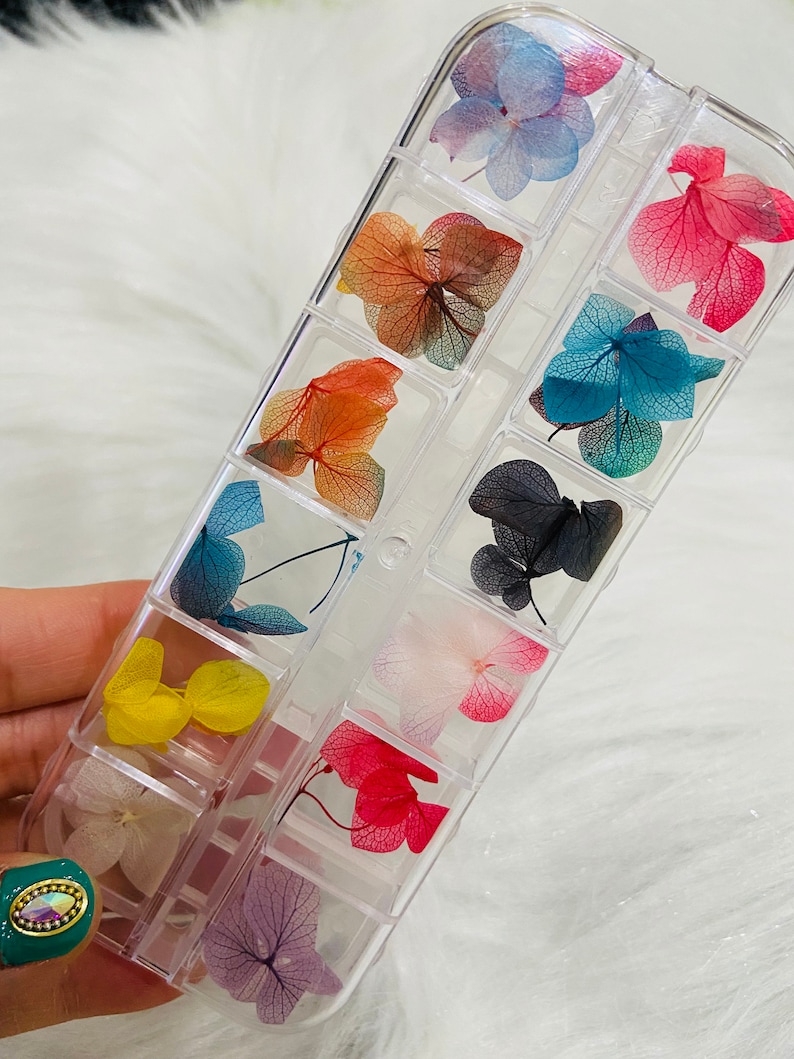 May include: A clear plastic storage box with 15 compartments filled with pressed flowers in various colors, including blue, pink, yellow, and purple.