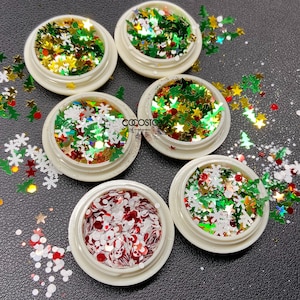 Juego de 6 tarros brillo de Navidad/copos de nieve brillo de árbol de Navidad/arte de uñas con brillo grueso