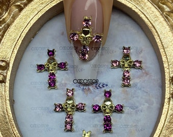 Luxury Zircon pink skull cross nail charms