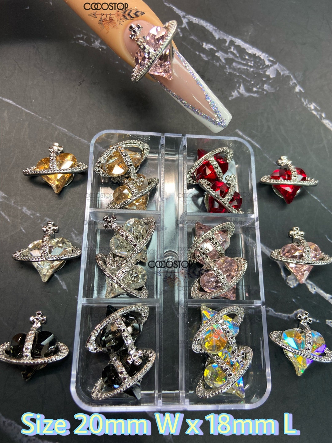 Luxury Sparkling Large Crystal Heart Planet Nail Charms