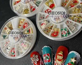 24 peças amuletos de unhas de Natal/strass de floco de neve/rodas de amuletos de unhas 3D de boneco de neve