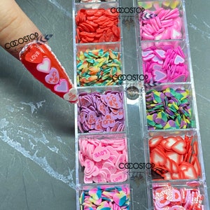 12 Gitter Fimo Polymer Herz Valentine Ton Scheiben Charms für Nail Art Dekoration