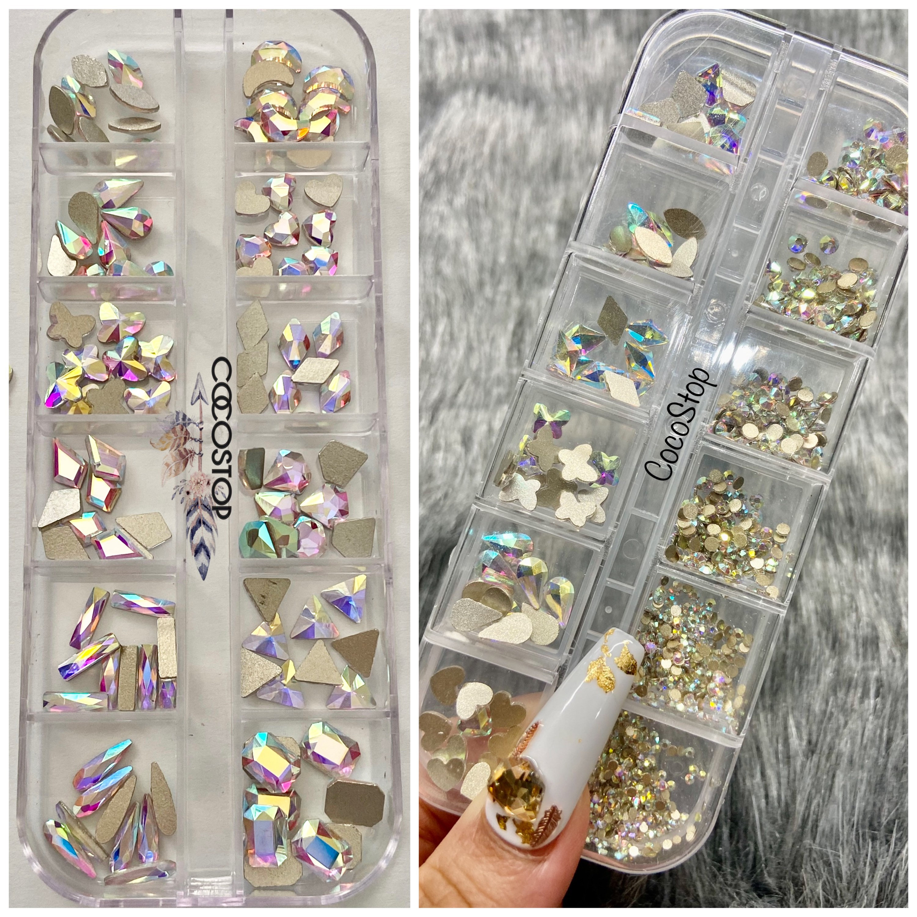 VERONNI Professional AB Crystal Rhinestones with Wax Pen Multi Shapes Glass  Rhinestones for Nail Art Craft Mix Sizes Nail Gems Packaged in Storage Box