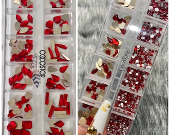 60/120 pieces Red nail rhinestones box