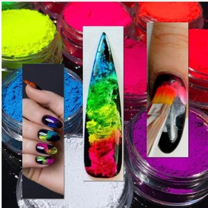 May include: A set of six small jars filled with colorful neon pigment powder. The jars are arranged in a row, with the powder in each jar a different color: yellow, pink, red, blue, white, and purple. The powder is used for nail art and other creative projects.