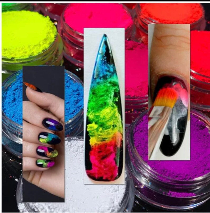 May include: A set of six small jars filled with colorful neon pigment powder. The jars are arranged in a row, with the powder in each jar a different color: yellow, pink, red, blue, white, and purple. The powder is used for nail art and other creative projects.