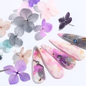May include: Close-up of four long, pink and white nail tips with dried flowers and gold leaf accents. The nail tips are arranged on a white surface with loose dried flowers scattered around them. One nail tip has the text "Sweet Dreams" written on it.
