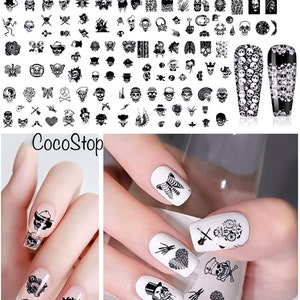 May include: A set of 10 nail art stamping plates with a variety of skull and crossbones designs. The plates are black and white and feature a variety of designs, including skulls, crossbones, hearts, butterflies, and more. The plates are shown on a white background. CocoStop is printed on the bottom of the image.