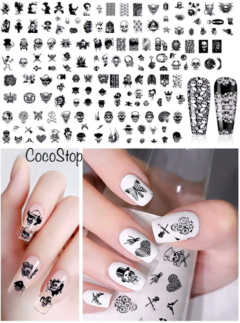 May include: A set of 10 nail art stamping plates with a variety of skull and crossbones designs. The plates are black and white and feature a variety of designs, including skulls, crossbones, hearts, butterflies, and more. The plates are shown on a white background. CocoStop is printed on the bottom of the image.