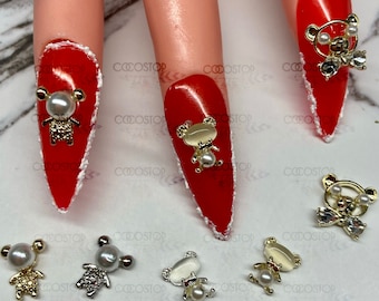 3D Pearl Bear Nail Charms, Metal Alloy Nail Art Jewelry