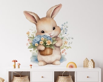 bunny wall decal, rabbit wall sticker, Bunny Rabbit, Nursery Art, Nursery wall decal, Bunny floral decal, bunny nursery decor, floral decor