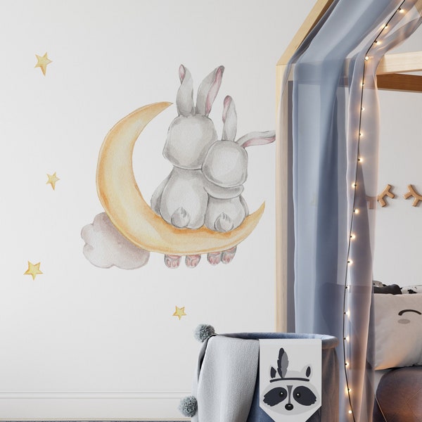 bunny on the moon, nursery wall decal, clouds wall sticker, watercolor animals, sleeping animals, gender neutral, wall decal for kids