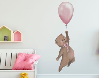air balloon decals, balloon wall decal, nursery wall decal, watercolor animals, wild animals decor, baby girl room decor, bear wall sticker
