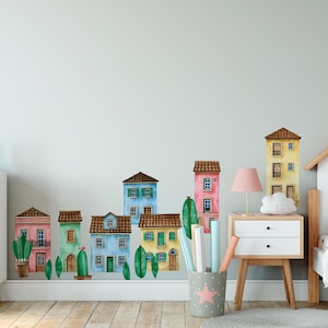 Watercolor Town Houses Wall Decal Set, European Town Wall Sticker Set, Removable Village Stickers, Watercolor Nursery Decals
