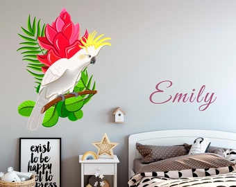 Custom name wall decals for nursery decoration, baby shower gift for mom, first birthday present for niece, parrot wall decals, summer decor