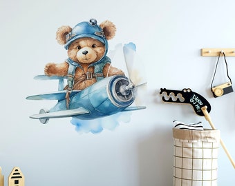 Nursery wall art, kids room decor, airplane decor, Airplane baby, airplane wall decal, bear wall decal, watercolor decal, baby room decor