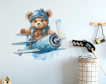 Kinderzimmer Wandbild, Kinderzimmer Dekor, Flugzeug Dekor, Flugzeug Baby, Flugzeug Wand Aufkleber, Bär Wand Aufkleber, Aquarell Aufkleber, Babyzimmer Dekor