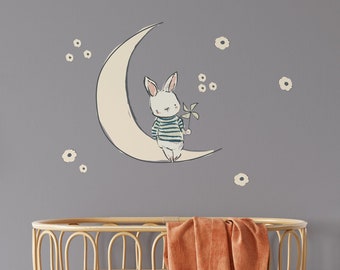 Bunny on the moon wall decal, bunny wall sticker, bunny floral decal, baby girl decal, nursery wall decal, girl nursery decal, floral decals