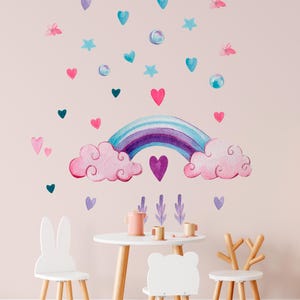 Rainbow & Clouds Wall Decal – Pastel Hearts and Stars Sticker for Girls&#39; Nursery, Boho Hearts Wall Decals, girls room wall sticker
