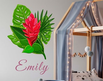 Custom name wall decals for summer decor, tropical leaves wall sticker for kids room, baby shower gift for mom, housewarming gift rot sister