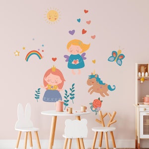 Princess Wall Decals - Boho Nursery Wall Decor - Peel and Stick Unicorn Decor, Butterfly Wall Art,  Pink Fairytale Wall Decal