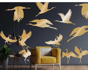 Calcomanías de pared de grulla dorada - Mural de arte de pájaro bohemio