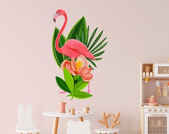 Custom flamingo wall decals for summer decor, tropical leaves wall sticker for kids room, baby shower gift for mom, housewarming gift sister