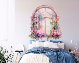 Watercolor Window Wall Decal – Floral Faux Window Sticker, Boho Decor