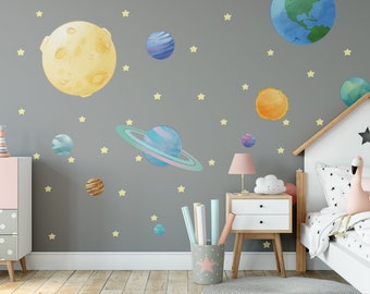 Solar system wall decal for kids room, moon and star decal, planet earth decal, wall deca for boy, wall decal nursery, planet wall decal