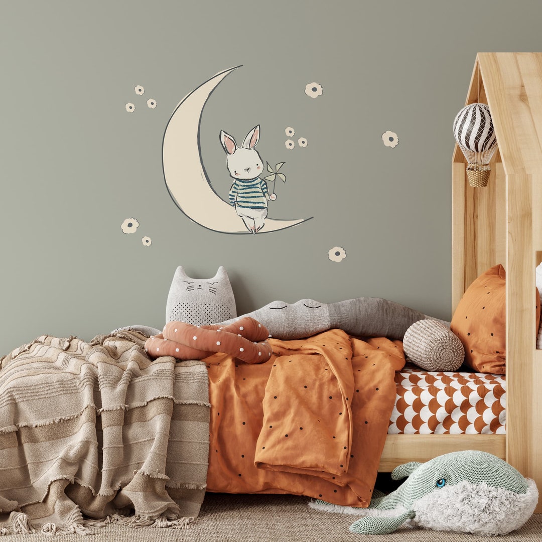 Bunny on the Moon Wall Decal – Floral Nursery Sticker - Etsy