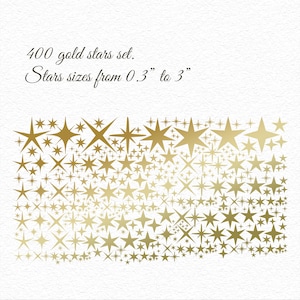 May include: A set of 400 gold stars of various sizes, ranging from 0.3 inches to 3 inches in diameter. The stars are arranged in a gradient pattern, with the largest stars at the top and the smallest stars at the bottom.
